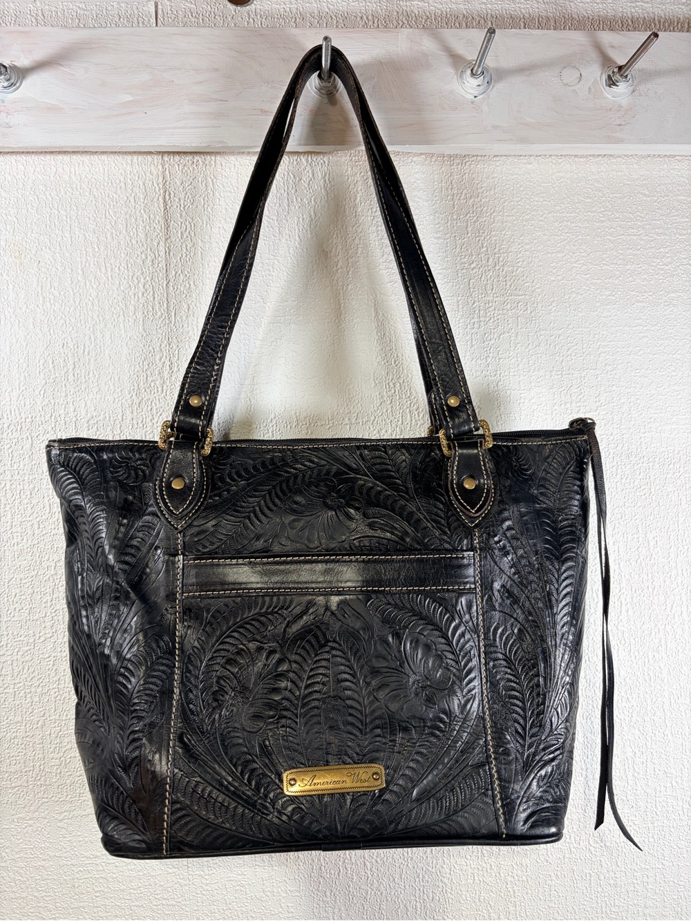 American West Black Tooled Leather Shoulder Tote